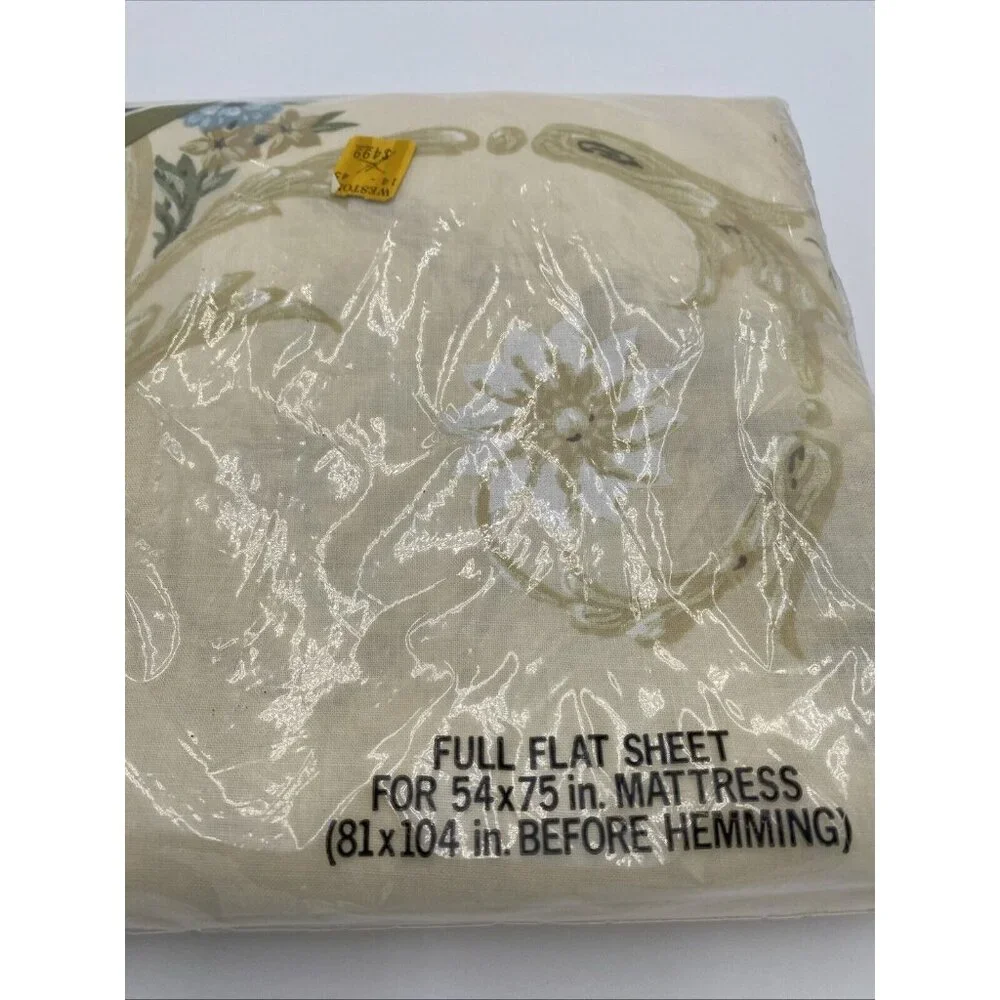 Vintage Tastemaker Flat Sheet Full Size Beige Blue Floral Made in USA NEW NOS